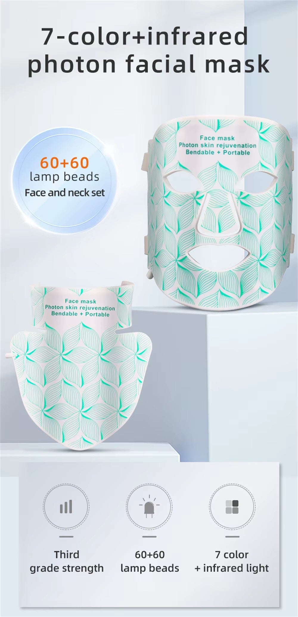 Folliqen LED face mask and neck piece in white silicone