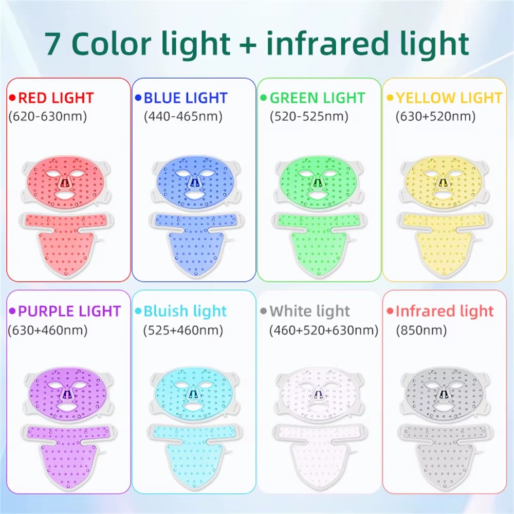 The mask lit in each of its eight modes